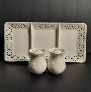 Skye McGhie Cream Lace Fine Porcelain Divided Tray With Salt & Pepper